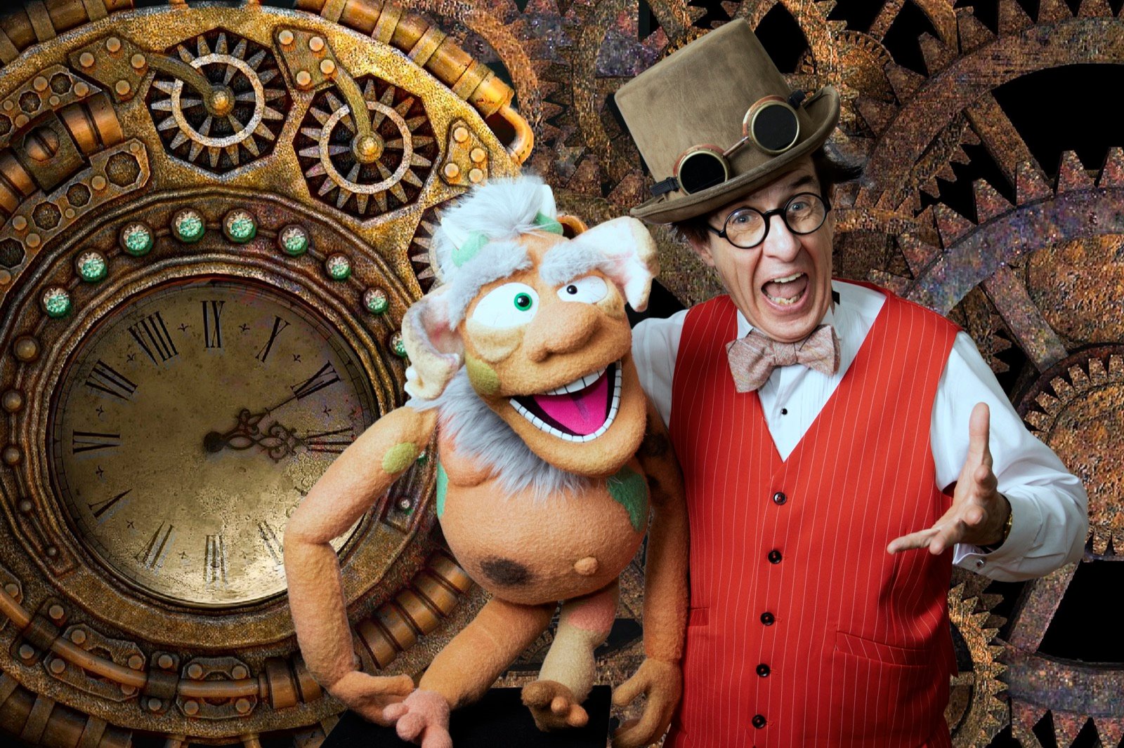 Ventriloquist and character in an imaginative clockwork world