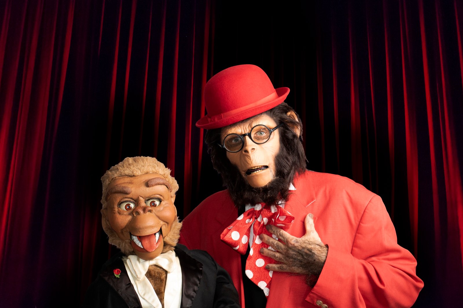 Theatrical portrait of a performer and character before rich red curtains