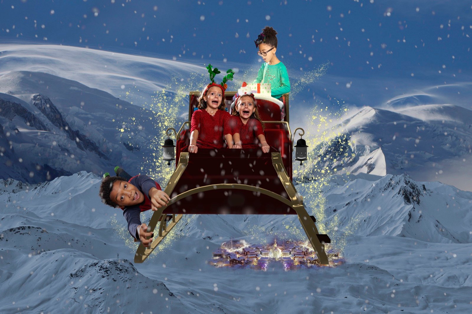 Children racing through a snowy fantasy landscape in a sleigh