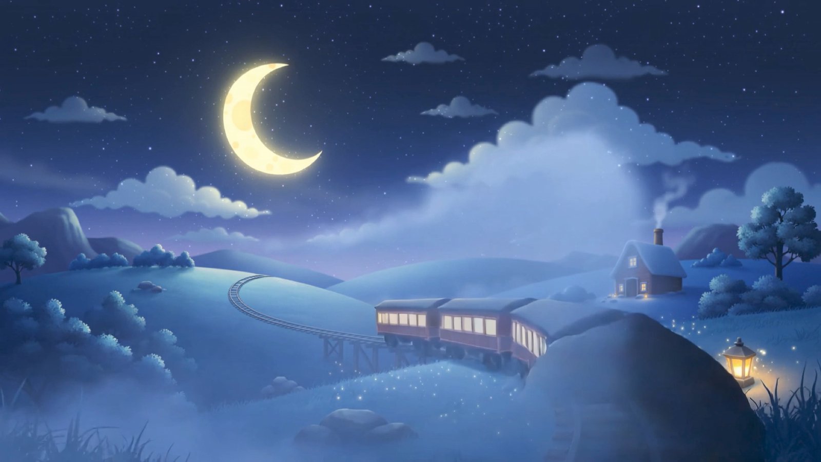 Dreamlike nighttime landscape with a train beneath a crescent moon