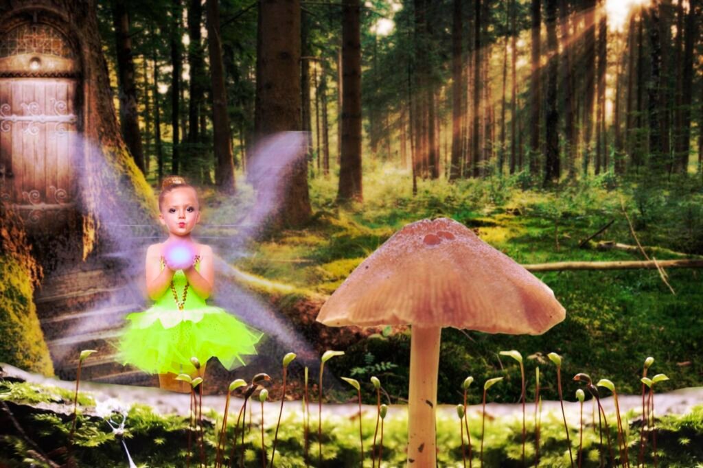 Young child transformed into a fairy in a sunlit forest