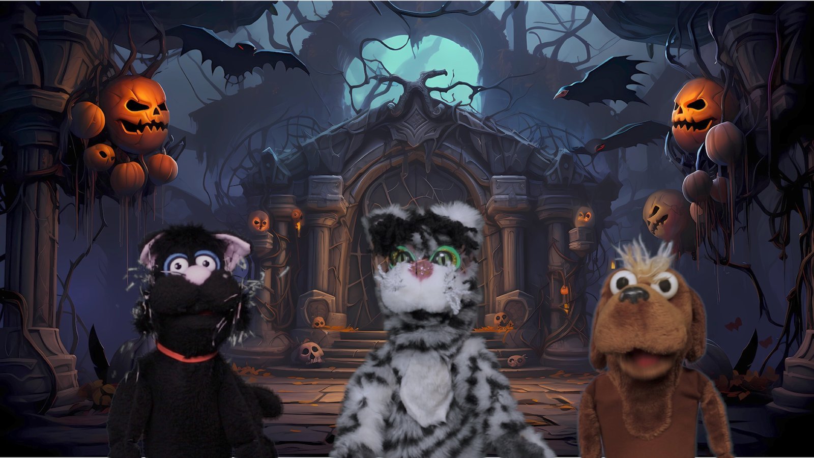 Three characters gathered before a moonlit haunted-woods entrance