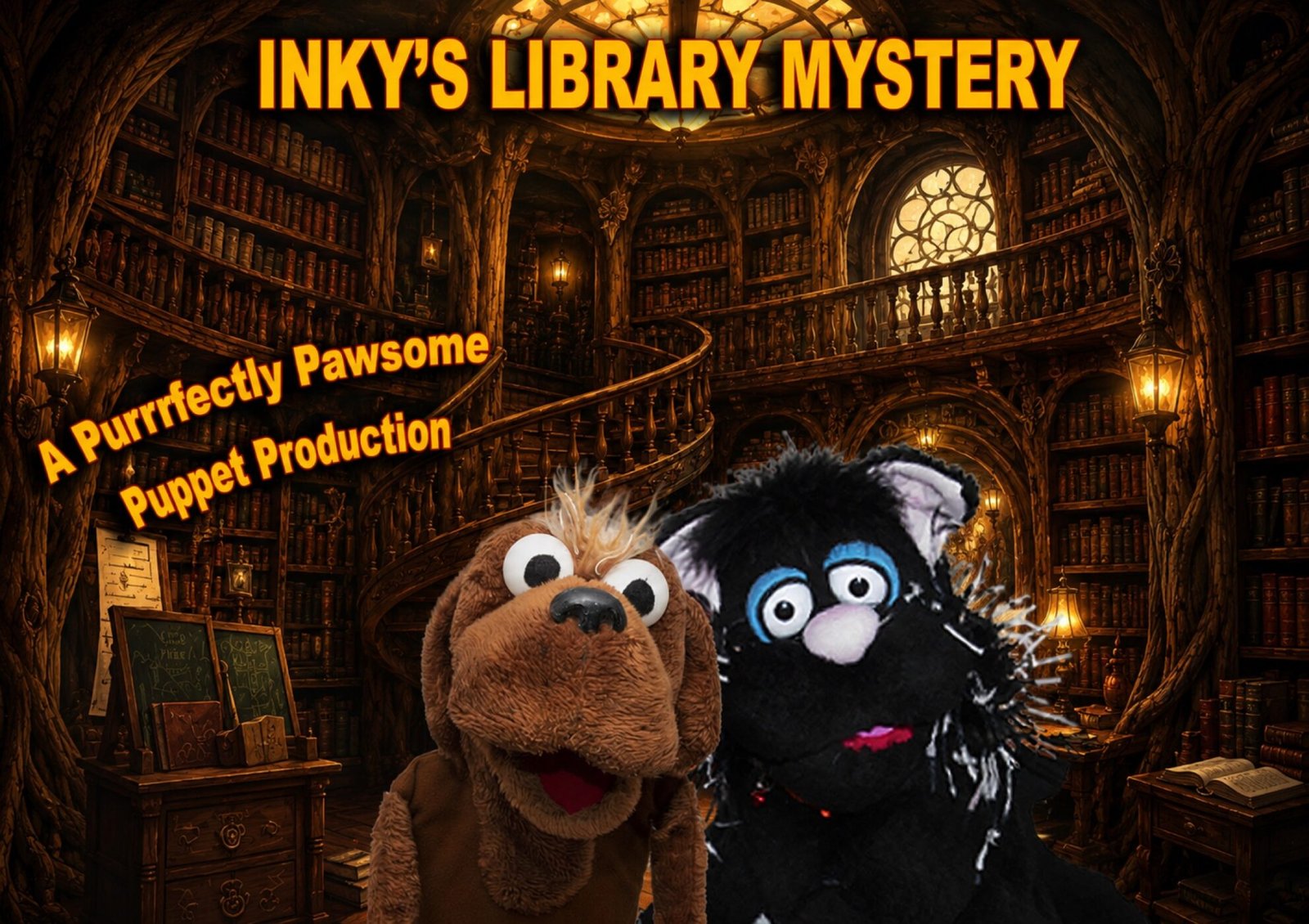 Promotional campaign artwork in an ornate library