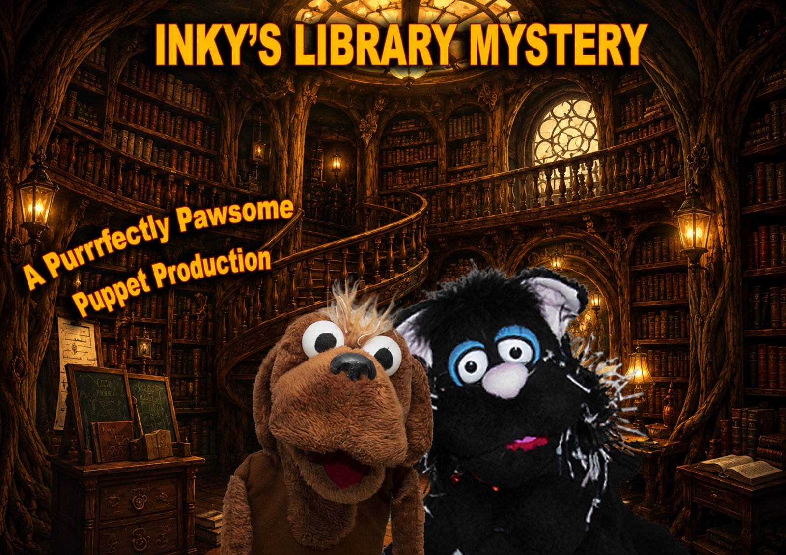 Promotional campaign artwork in an ornate library