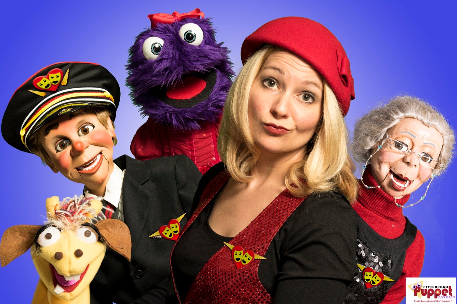 Promotional portrait of a performer surrounded by colorful characters