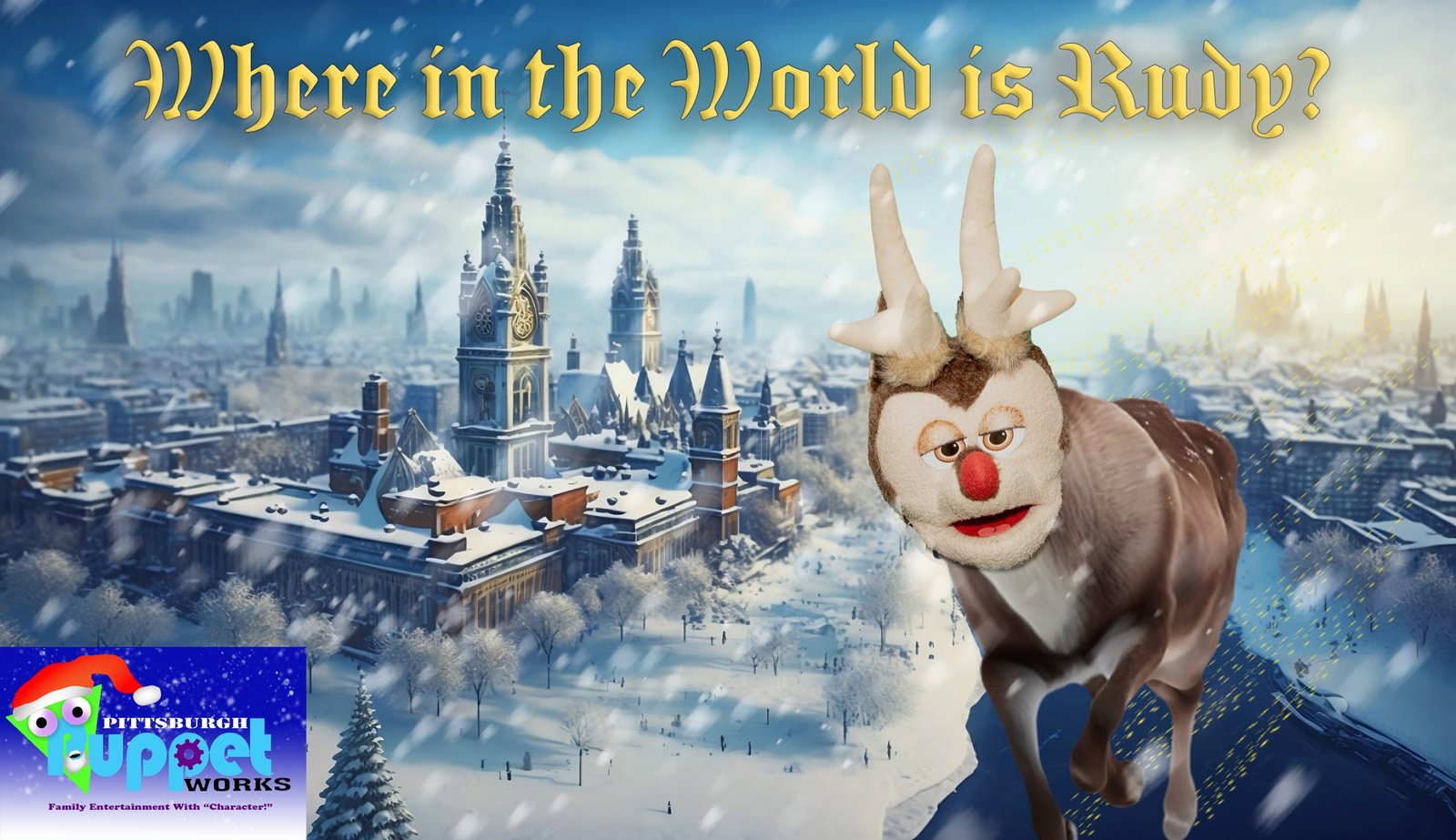 Winter promotional artwork over a storybook city